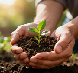 Fototapeta premium Hands gently holding a small green plant growing from soil, symbol of hope and recovery