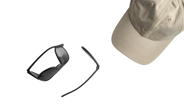 Cap and eyeglasses float against a stark, isolating black background