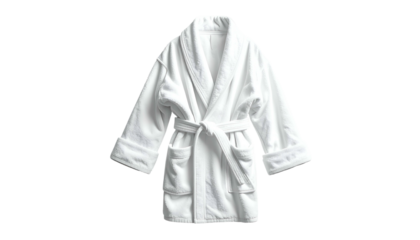 Plush, white bathrobe with belt lies flat