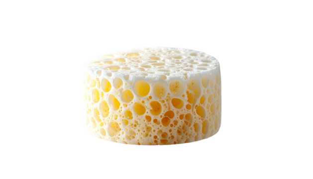 Cylindrical, porous yellow sponge isolated on a black background