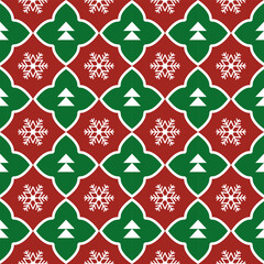 Seamless Christmas pattern with green trees and white snowflakes on red background in geometric style. Design for fabric, clothing, wallpaper, wrapping, and holiday decor. Vector illustration.