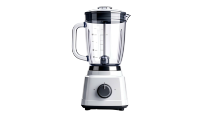 Clean blender with clear pitcher, white base, dark background