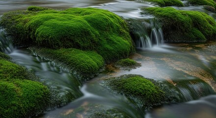 Green moss on rocks in a stream with water flowing over them.