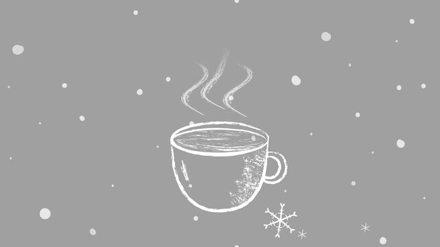 Cozy Motion: Chalk Coffee with Steam and Snowflakes Transparent Background (No Text)