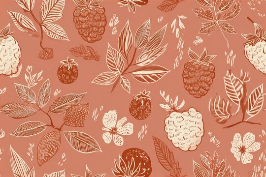 Scandinavian folk-art raspberry motif minimalist line art warm terracotta and cream colors cozy kitchen decor vibe seamless pattern background
