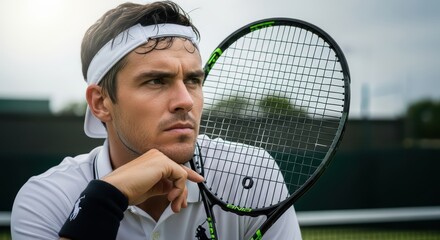 Caucasian young adult male tennis player with racket on court