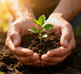 Fototapeta premium Hands gently holding a small green plant growing from soil, symbol of hope and recovery