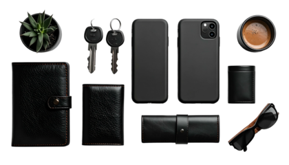 Black essentials phone, wallet, keys, drink, sunglasses, plant