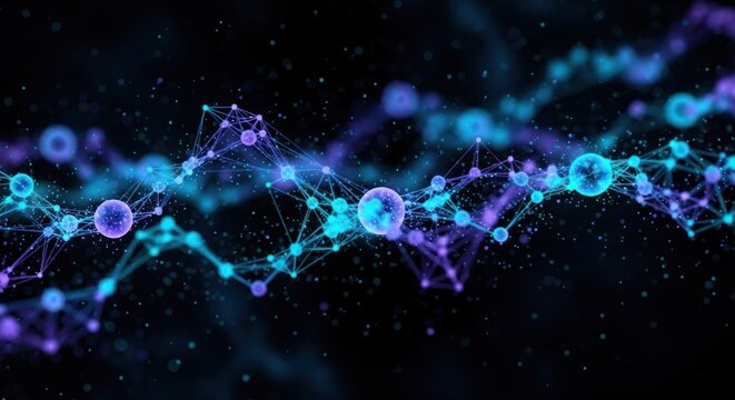 A blue and purple abstract wave pattern with glowing spheres and lines.