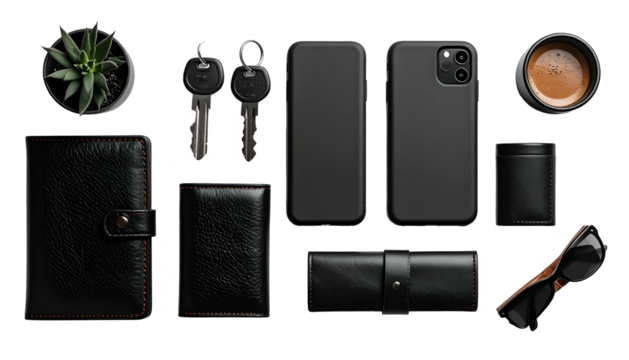 Black essentials phone, wallet, keys, drink, sunglasses, plant