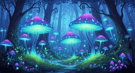 A mystical forest with glowing mushrooms and a path leading through the undergrowth.