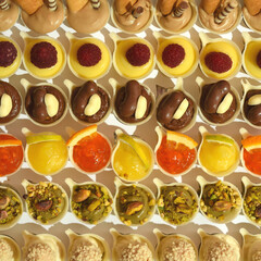 Elegant assortment of colorful mini desserts in rows. Gourmet pastry pattern celebrating texture, symmetry and sweetness.