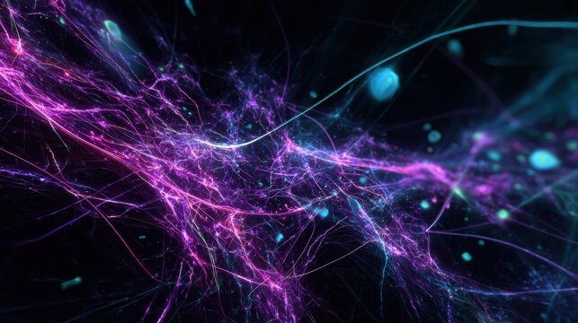 Vibrant neon fractals dancing across infinite voids abstract tech background