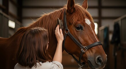 Woman gently petting a beautiful brown horse in a stable