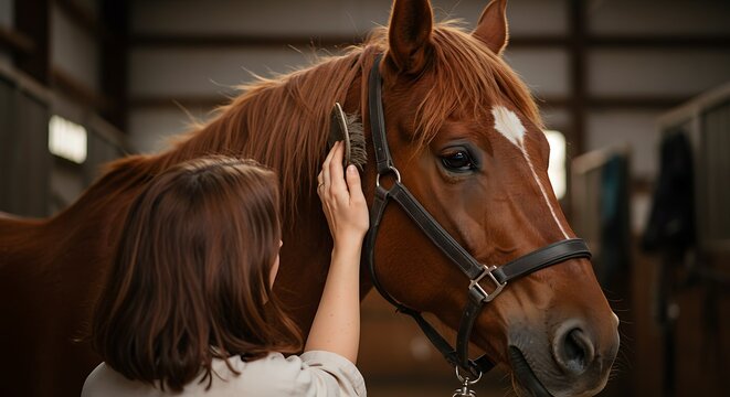 Woman gently petting a beautiful brown horse in a stable