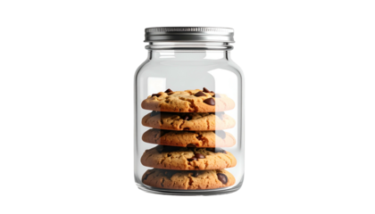 Cookies stacked in glass jar with metal lid on black background