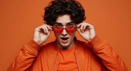 Young man with curly hair wearing red heart sunglasses and orange sweater