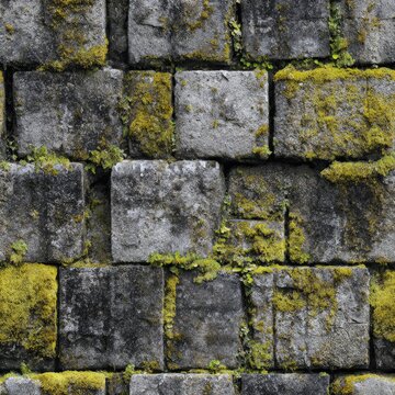Medieval castle seamless texture of aged granite blocks with moss and erosion