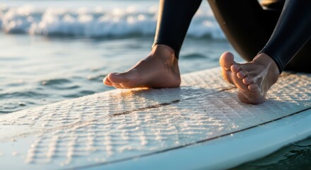 Close-up of person's feet on surfboard in ocean at sunrise