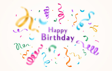 Obraz premium Birthday vector background with colorful confetti and serpentine ribbons isolated on white backdrop at the center. Greeting text sign. Festive illustration in flat modern simple style