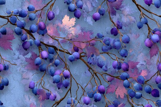 Whimsical Blackcurrant sprig border watercolor splashes and delicate stems moody twilight blues and purples fantasy illustration seamless pattern background