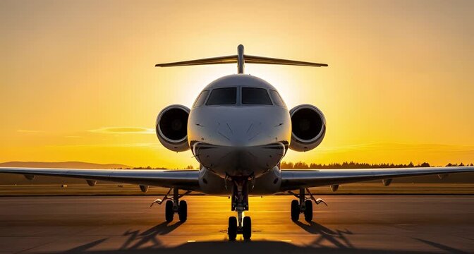 A sleek private jet parked on the tarmac at sunset, with the suns warm glow illuminating the aircraft and casting long shadows animated 4k video