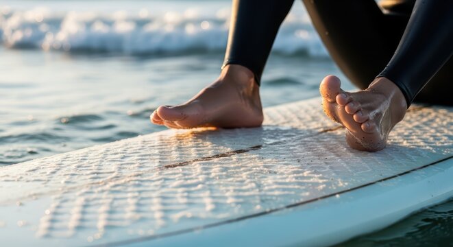 Close-up of person's feet on surfboard in ocean at sunrise - Powered by Adobe