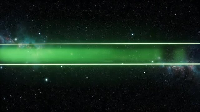 A glowing green rectangle hovers amidst a starry cosmic backdrop
