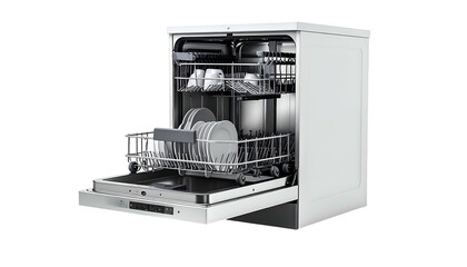 Open dishwasher filled with clean dishes on a dark background
