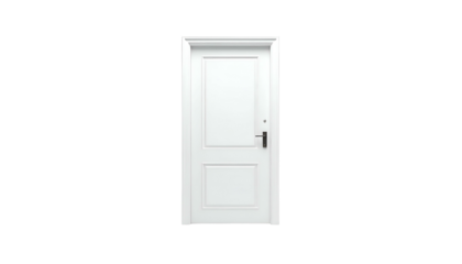 A white, panelled door stands centered in a black, void background