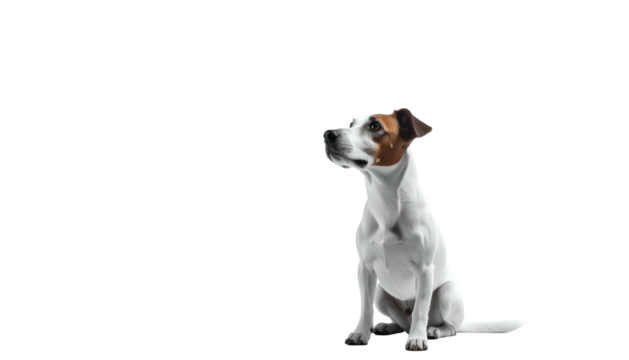 Focused Jack Russell, patiently sitting, dark background on the left