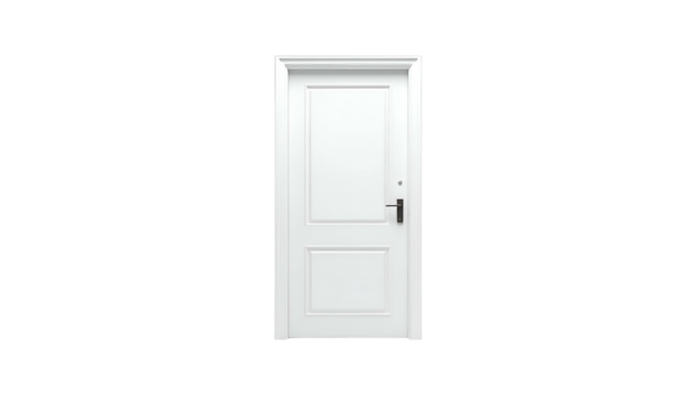 A white, panelled door stands centered in a black, void background