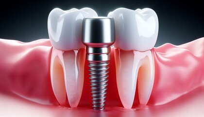 Close up of a dental implant and healthy teeth in gums