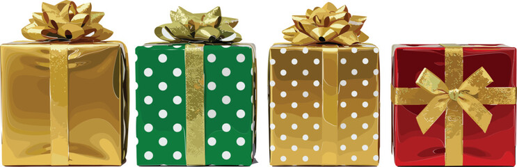 Four gift boxes gold green red with gold bows and ribbons present celebration