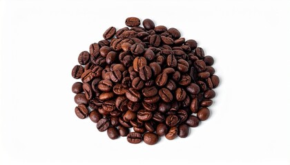 "Pile of roasted coffee beans on white background."