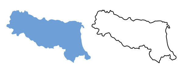 Map of Emilia Romagna is a region of Italy. Map with detailed outlines and blue silhouettes. © kasmandesign