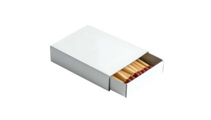 White matchbox with matches, partially open, angled view