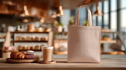 Beige tote bag mockup in bakery cafe with croissant and coffee for branding and product presentation
