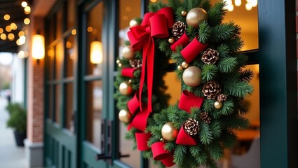 A beautifully adorned Christmas wreath adorning the entrance door of a company, capturing the essence of elegance and festivity