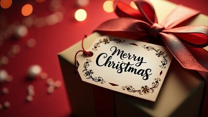 A beautifully adorned Merry Christmas gift tag, complete with elegant ribbon, is the focal point of this enchanting image