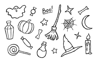 Halloween icons set with candle, pumpkin, witch hat, candies and broom. Black doodle crayon icons of lollipop, magic potion, spider web, ghost and moon, vector sketch illustration