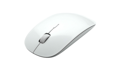 Sleek, glossy white computer mouse on a stark black background
