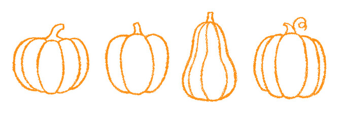 Cute crayon pumpkins. Autumn harvest for Halloween and Thanksgiving. Outline icons of orange pumpkins with chalk texture isolated on white background, vector hand drawn illustration