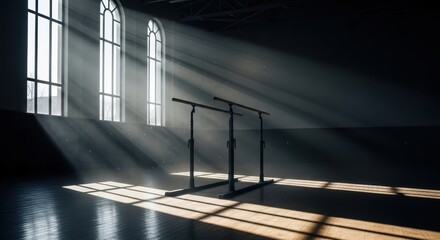 Sunlight streaming through windows illuminating empty ballet studio with wooden floors and ballet barres