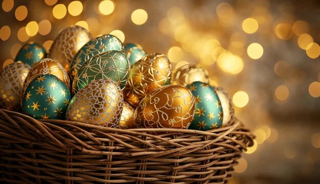 wicker basket filled with luxurious golden and emerald green Easter eggs, some with intricate golden patterns. The eggs have a shimmering, metallic finish
