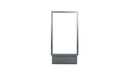 A tall, rectangular display with a blank white screen and a silver frame against black