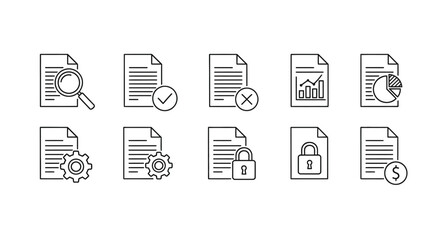 Set of document icons representing various office and data management functions clean outline style vector