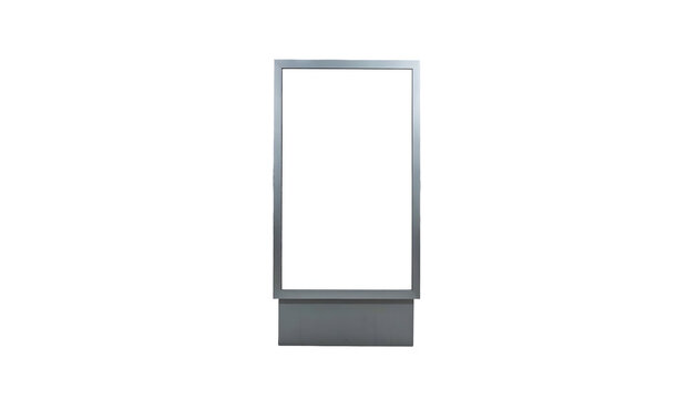 A tall, rectangular display with a blank white screen and a silver frame against black