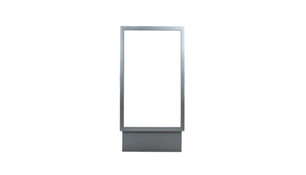A tall, rectangular display with a blank white screen and a silver frame against black