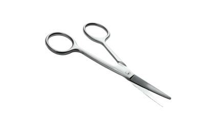 Shiny metal scissors slightly open on a stark black background